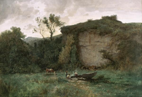 Elisée (Elysée) Jules Gustave Castan (Genf, 1823 - Crozant, 1892), Paesaggio con tre pastorelli nei pressi di Crémieu (Delfinato), [1850 - 1870], Öl auf Leinwand, 91.2 x 131 cm, Museo Villa dei Cedri, Bellinzona, Schenkung der Fondazione Domenico Noli 2002 © Museo Villa dei Cedri, Bellinzona