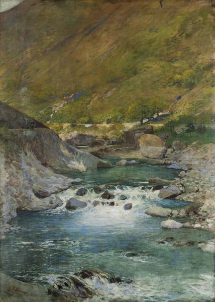 Filippo Franzoni, (Locarno, 1857 – Mendrisio, 1911), Torrente, undatiert, Öl auf Leinwand, 120 × 86 cm, Sammlung Alexandre Boussat Bolla
