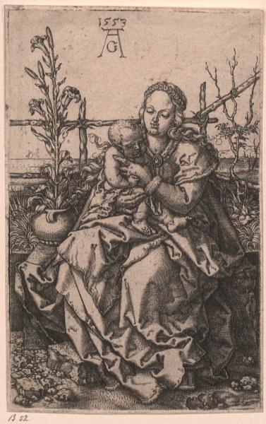 Heinrich Aldegrever (1502-1555/61), Maria mit Kind auf der Rasenbank, 1503, gravure sur cuivre, 10.8 x 6.8 cm, Zürich, Graphiche Sammlung ETH, inv. D 7693, © ETH-Bibliothek Zürich, Graphische Sammlung / D 7693 / Public Domain Mark 1.0
