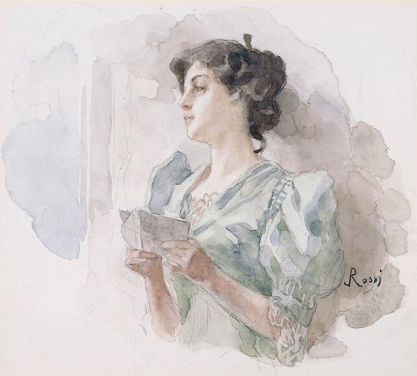 Luigi Rossi, La lettera, illustrazione per Les Demi-Vierges di Marcel Prévost [1900], acquerello su carta, 190 x 215 nn, Fondazione-Archivio Luigi Rossi, deposito 1994 