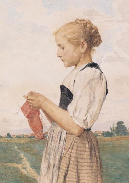 Albert Anker
Contadinella che lavora a maglia, 1901-1910 circa
acquerello, 34 x 24 cm
Museo Civico Villa dei Cedri, Bellinzona
donazione Amici di Villa dei Cedri 1994
