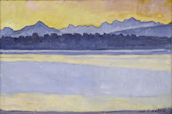 Ferdinand Hodler (Bern, 1853 – Genf, 1918), Die Bucht von Genf mit dem Mont-Blanc vor Sonnenaufgang, 1918, Öl auf Leinwand, 57.5 × 85.5 cm, Kunstmuseum Solothurn 
Inv. Nr. C 80.47 / Dübi-Müller-Stiftung