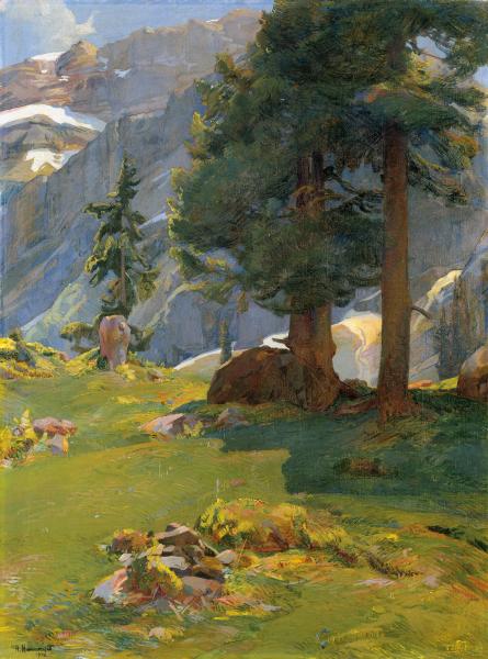 Jacques-Elie-Abraham Hermanjat (Genf, 1862 - Aubonne, 1932), Nelle Alpi, 1909, Öl auf Leinwand, 90.5 x 67 cm, Museo Villa dei Cedri, Bellinzona, Depositum der Schweizerischen Eidgenossenschaft Bundesamt für Kultur, Bern, 1998 © Museo Villa dei Cedri, Bellinzona