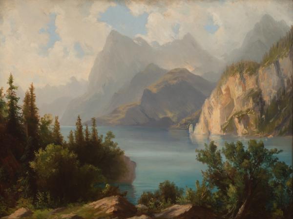 Johann Gottfried Steffan (Wädenswil, 1815 - München, 1905), L’Urirostock, sul Lago dei Quattro Cantoni, [1850-1860], Öl auf Leinwand, auf Papptafel geklebt, 43 x 57.5 cm, Museo Villa dei Cedri, Bellinzona, Schenkung der Fondazione Domenico Noli 2002 © Museo Villa dei Cedri, Bellinzona